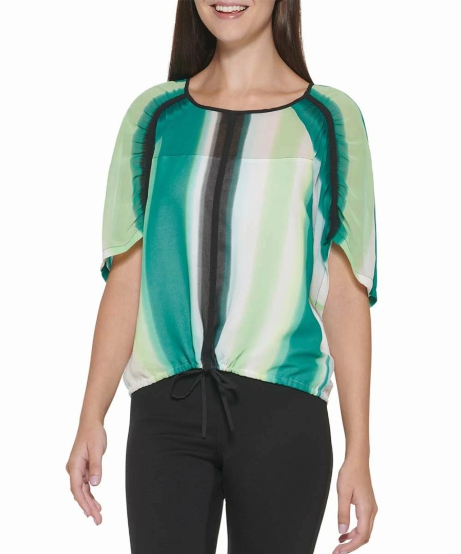 Other | * Brand New Dkny Ivory & Jade Abstract Stripe Ruched-Sleeve Drawstring Blouson Top Women For Other