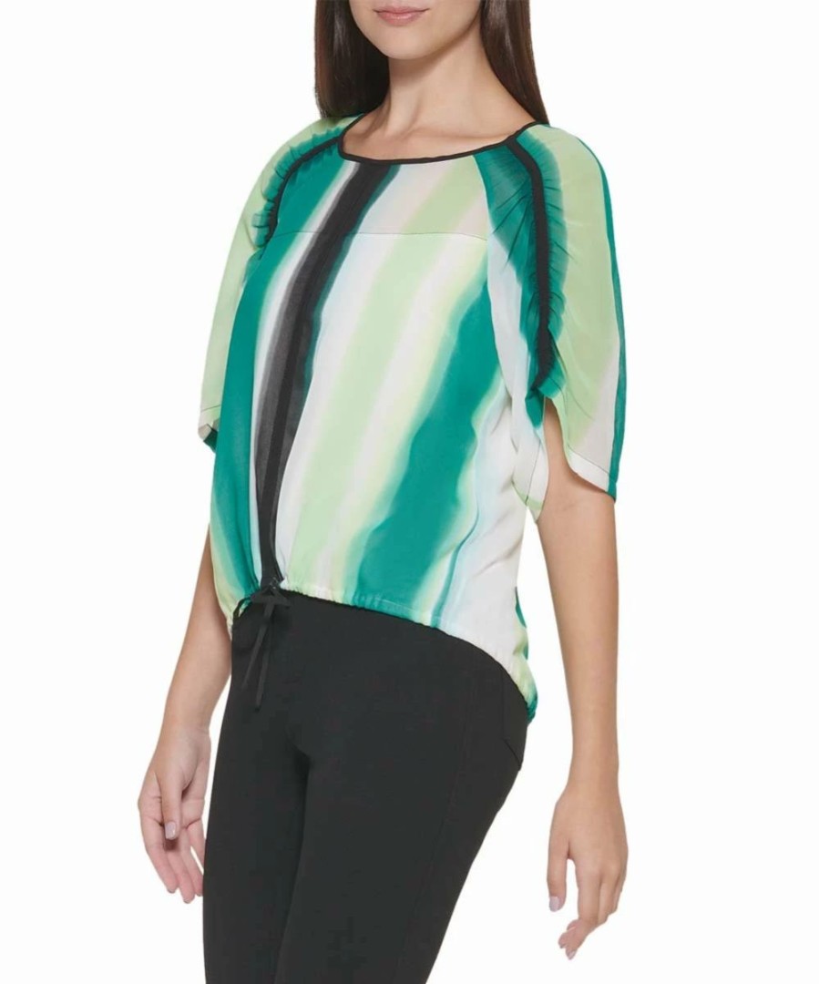 Other | * Brand New Dkny Ivory & Jade Abstract Stripe Ruched-Sleeve Drawstring Blouson Top Women For Other