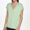 Other | * Flash Sale Dkny Lazer Green Stud-Trim Cap-Sleeve V-Neck Top Women For Other