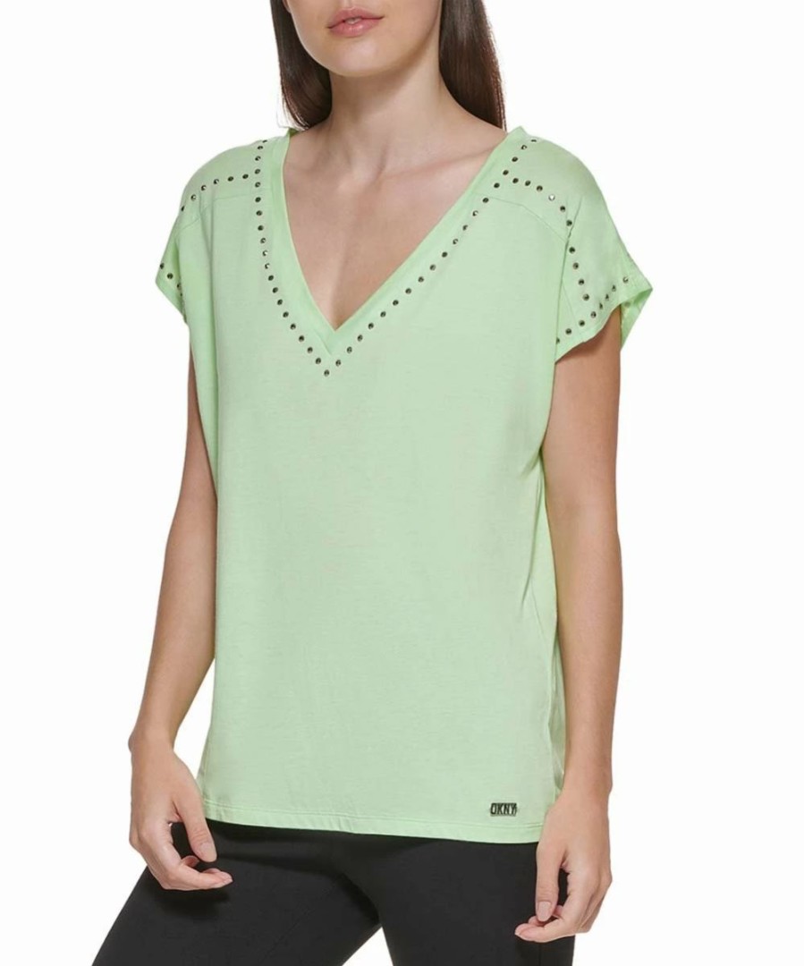 Other | * Flash Sale Dkny Lazer Green Stud-Trim Cap-Sleeve V-Neck Top Women For Other