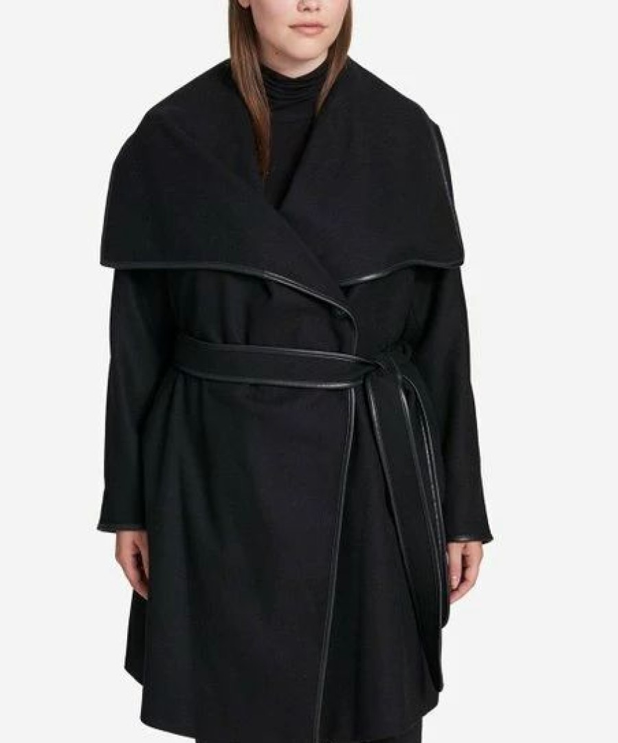 Clothing | * Best Sale Dkny Black Belted Wool Trench Coat Petite & Plus For Women