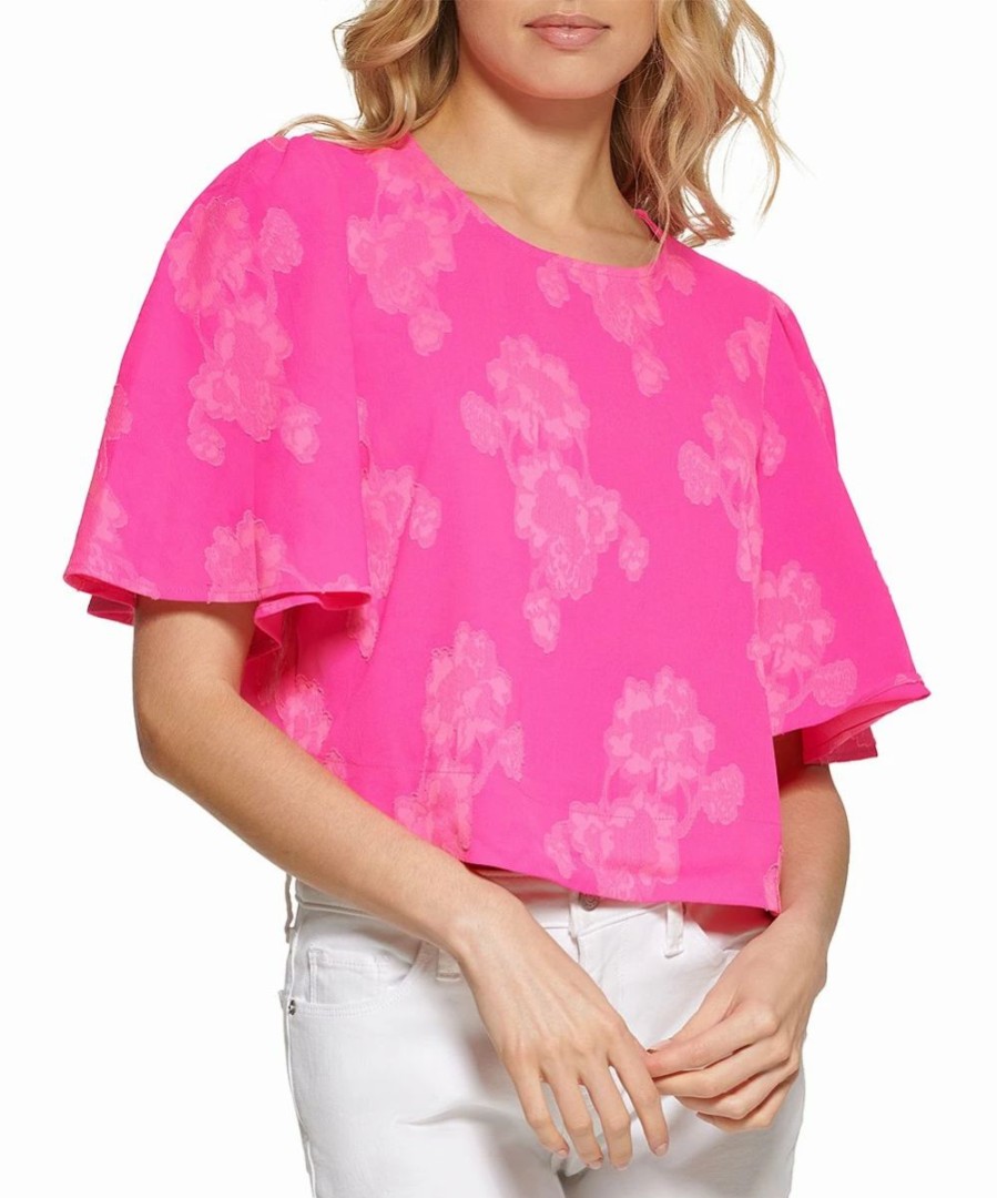 Clothing | * Hot Sale Dkny Power Pink Floral Flutter-Sleeve Crop Top Women