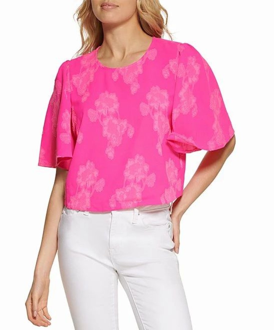 Clothing | * Hot Sale Dkny Power Pink Floral Flutter-Sleeve Crop Top Women