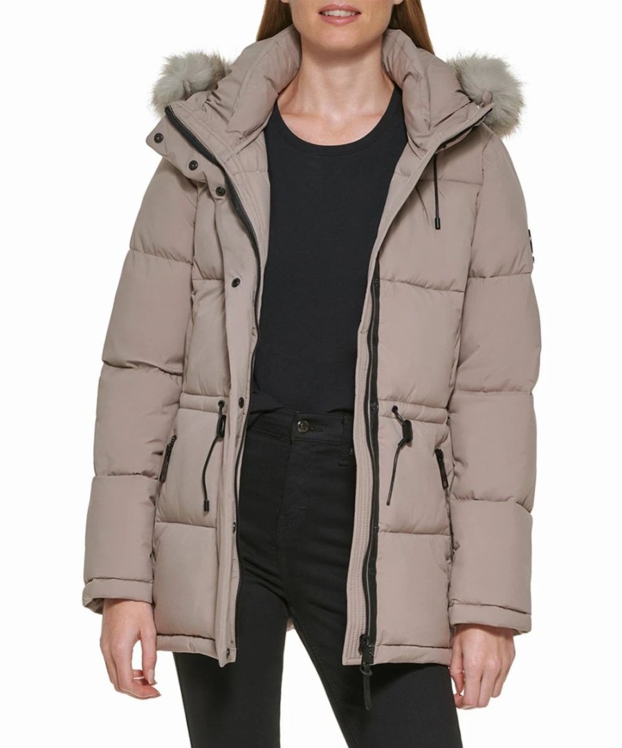 Clothing | * Buy Dkny Thistle Beige Faux Fur-Trim Drawstring-Waist Puffer Coat Petite For Women