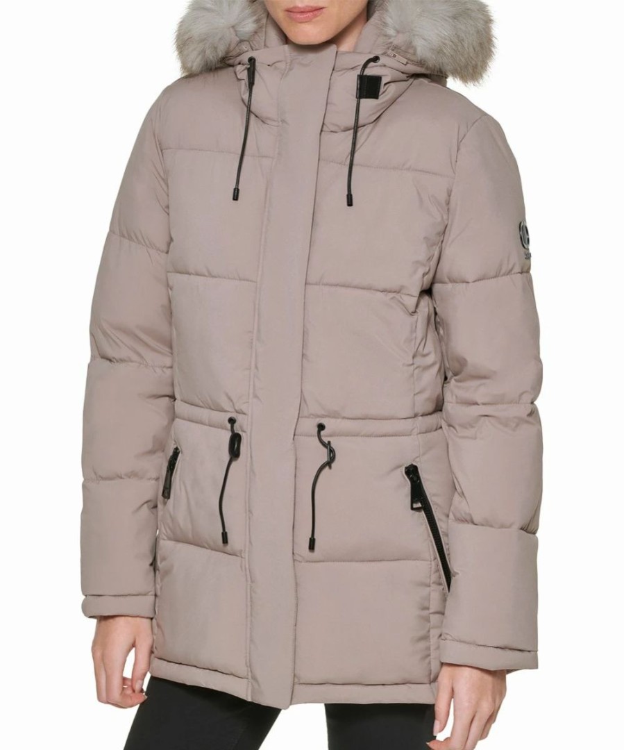 Clothing | * Buy Dkny Thistle Beige Faux Fur-Trim Drawstring-Waist Puffer Coat Petite For Women