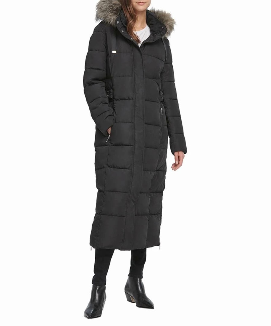 Clothing | * Budget Dkny Black Faux Fur-Trim Hooded Maxi Puffer Coat Women