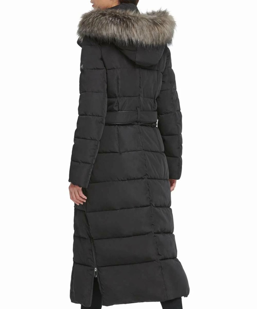 Clothing | * Budget Dkny Black Faux Fur-Trim Hooded Maxi Puffer Coat Women