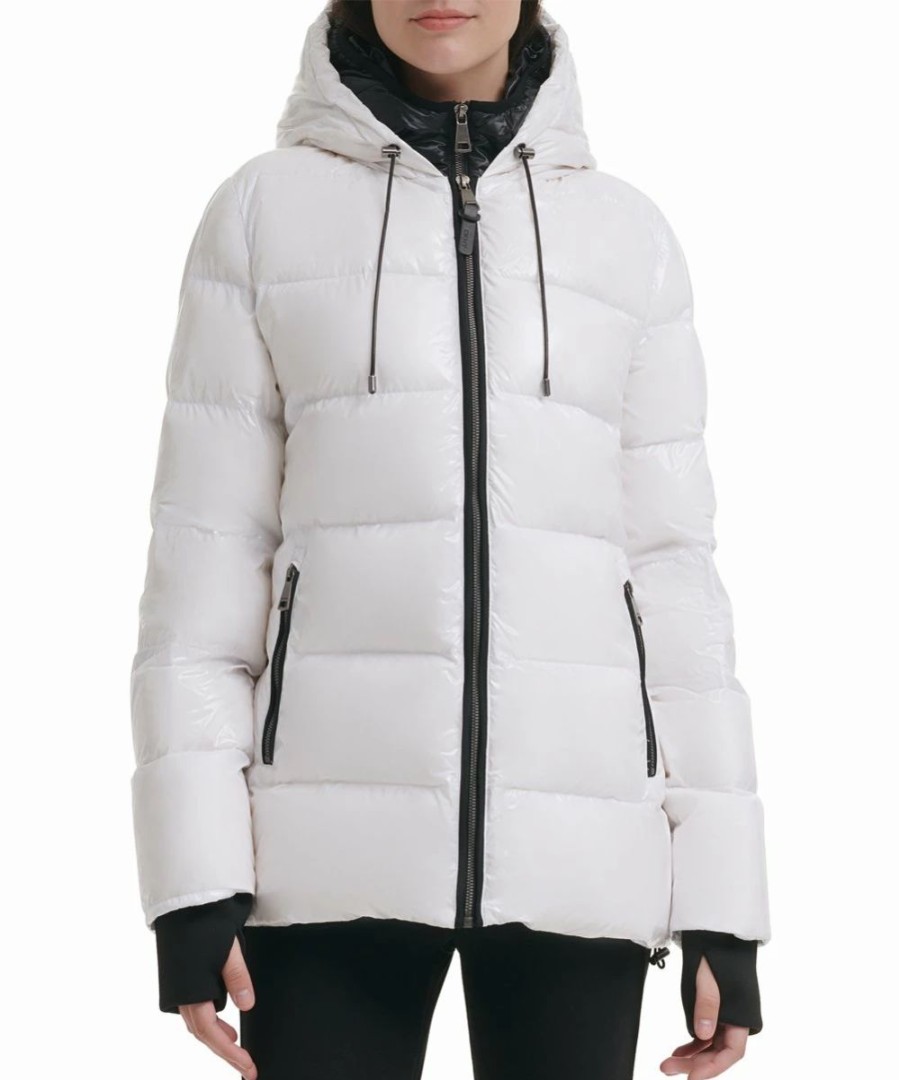 Clothing | * Hot Sale Dkny White & Black Hooded Zip-Up Puffer Coat Women & Juniors