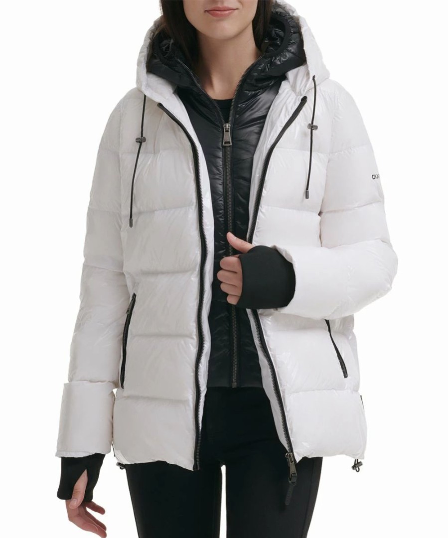 Clothing | * Hot Sale Dkny White & Black Hooded Zip-Up Puffer Coat Women & Juniors