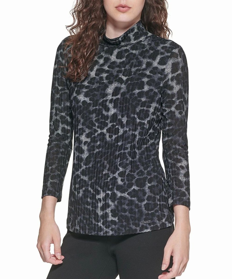 Clothing | * Hot Sale Dkny Charcoal Leopard Multi Mock Neck Top Women