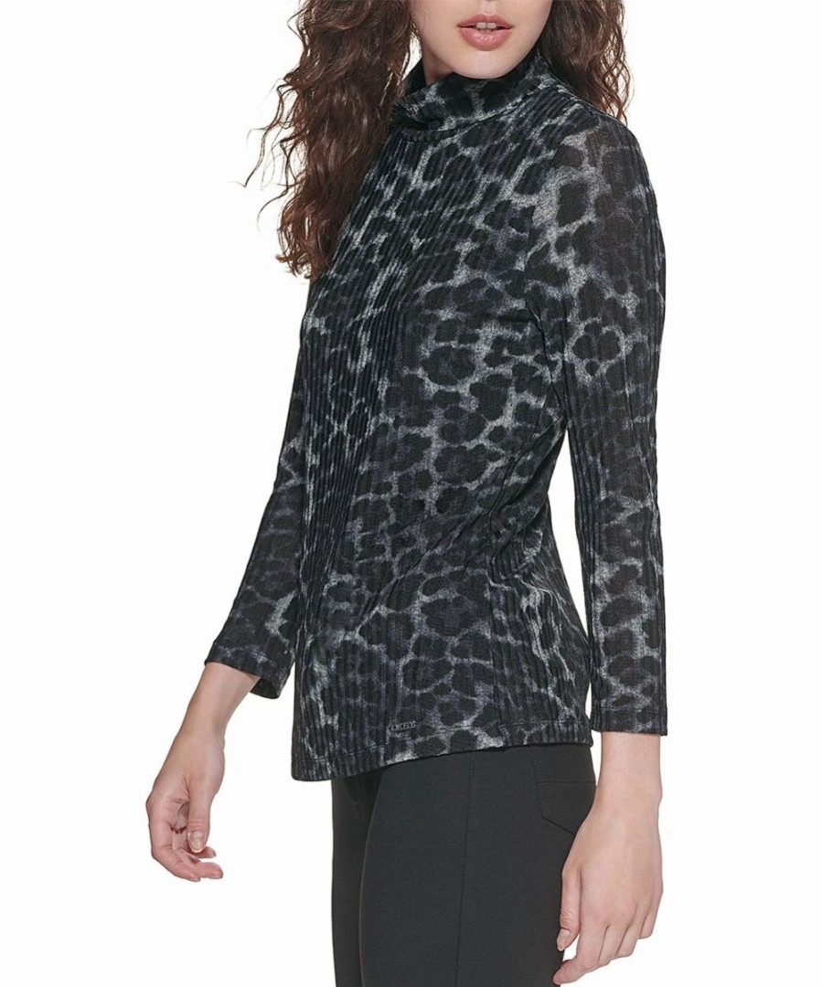 Clothing | * Hot Sale Dkny Charcoal Leopard Multi Mock Neck Top Women