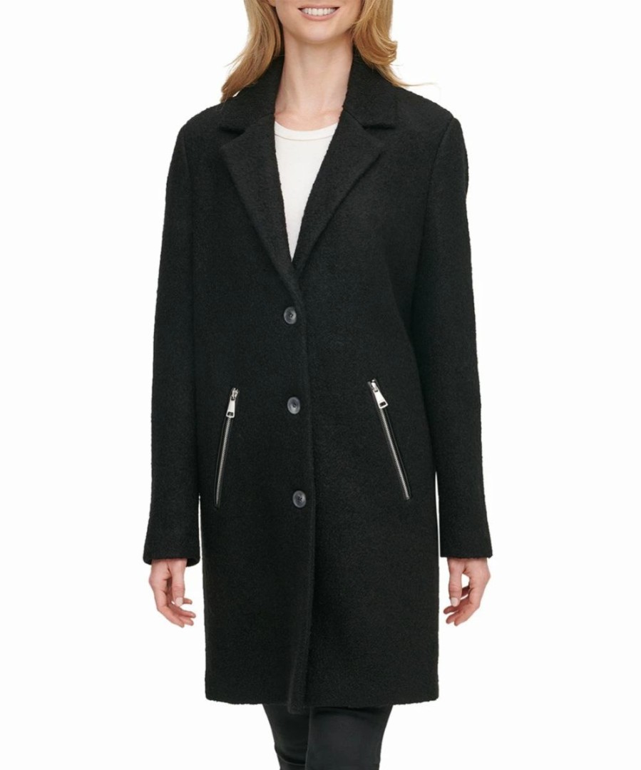 Clothing | * Best Deal Dkny Black Boucle Pocket Wool-Blend Peak-Collar Coat Women