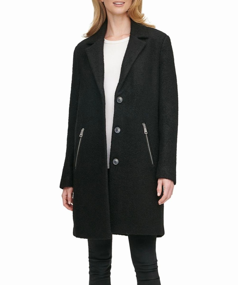 Clothing | * Best Deal Dkny Black Boucle Pocket Wool-Blend Peak-Collar Coat Women