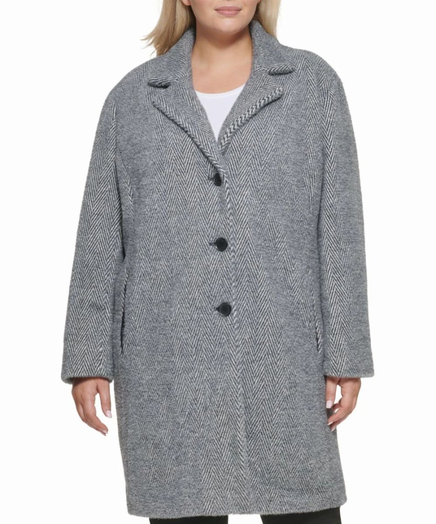 Clothing | * Best Sale Dkny Gray Herringbone Button-Up Coat Plus For Women