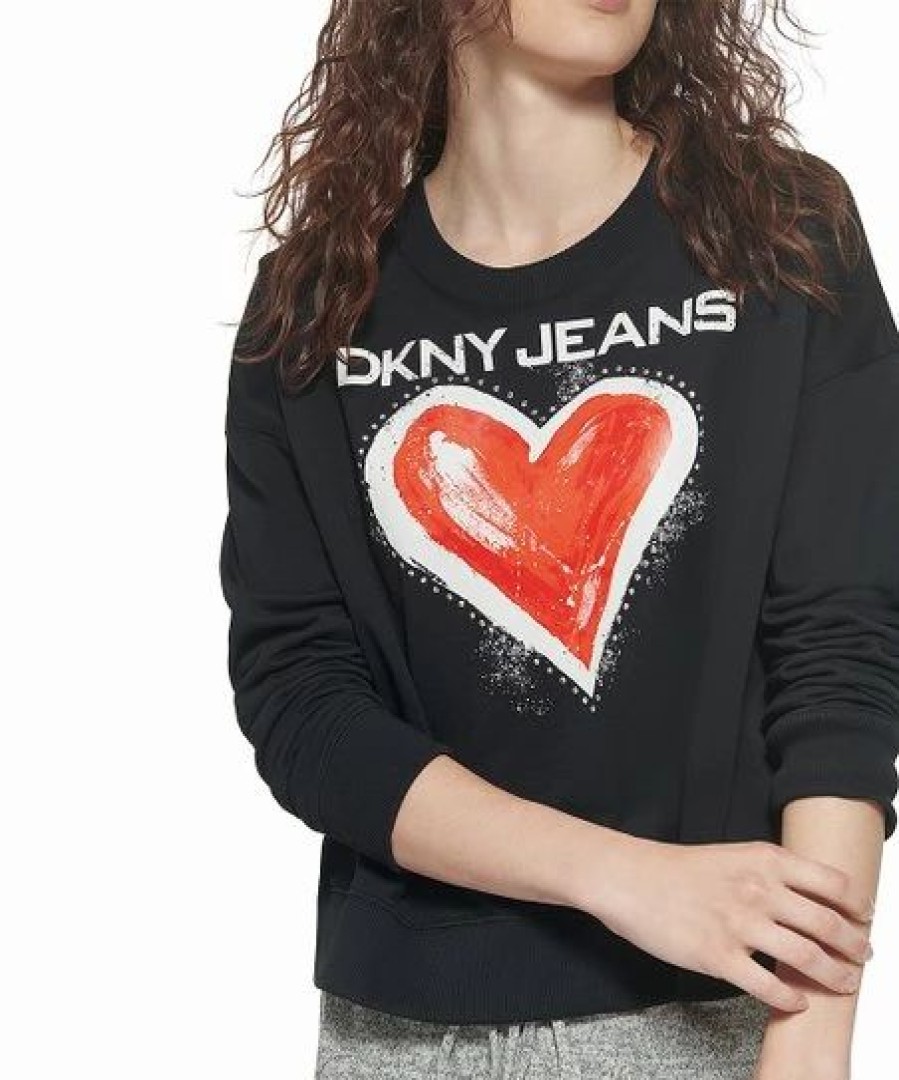 Clothing | * Hot Sale Dkny Black Long-Sleeve Graffiti Heart Crewneck Sweatshirt Women